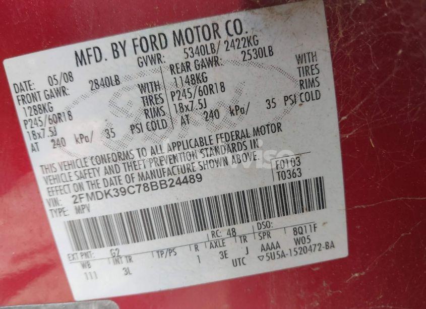 Photo 9 of 2008 Ford Edge LIMITED (VIN 2FMDK39C78BB24489)
