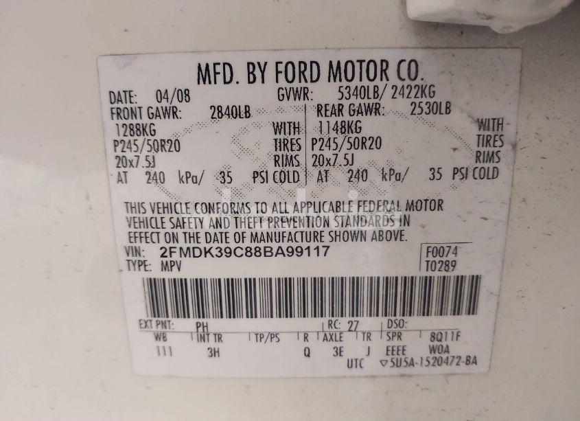 Photo 9 of 2008 Ford Edge LIMITED (VIN 2FMDK39C88BA99117)