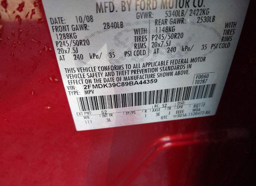 Photo 9 of 2009 Ford Edge LIMITED (VIN 2FMDK39C89BA44359)