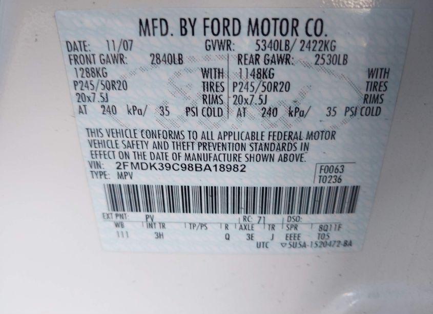 Photo 9 of 2008 Ford Edge LIMITED (VIN 2FMDK39C98BA18982)