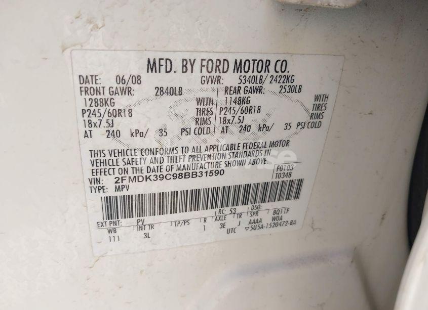 Photo 9 of 2008 Ford Edge LIMITED (VIN 2FMDK39C98BB31590)