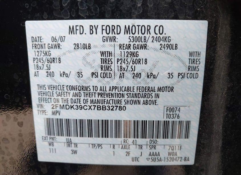 Photo 9 of 2007 Ford Edge SEL PLUS (VIN 2FMDK39CX7BB32780)