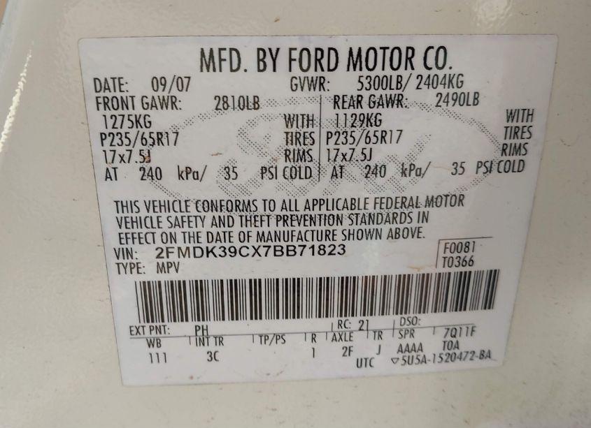 Photo 9 of 2007 Ford Edge SEL PLUS (VIN 2FMDK39CX7BB71823)