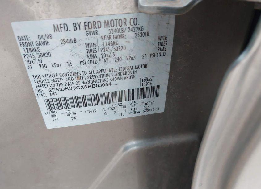 Photo 9 of 2008 Ford Edge LIMITED (VIN 2FMDK39CX8BB03054)