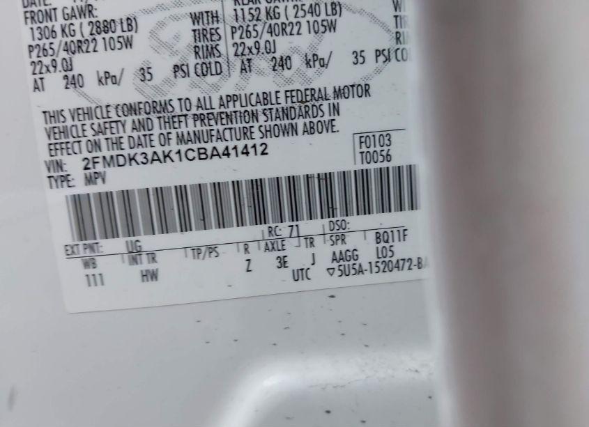 Photo 9 of 2012 Ford Edge SPORT (VIN 2FMDK3AK1CBA41412)