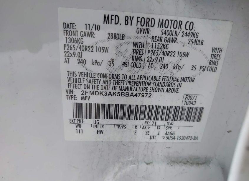 Photo 9 of 2011 Ford Edge SPORT (VIN 2FMDK3AK5BBA47972)