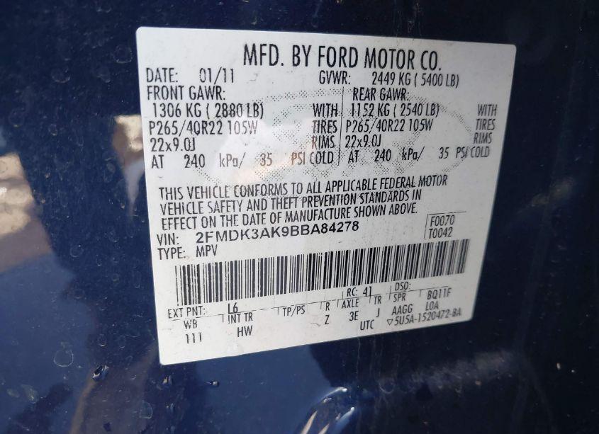 Photo 9 of 2011 Ford Edge SPORT (VIN 2FMDK3AK9BBA84278)