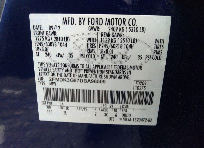 Photo 9 of 2013 Ford Edge SE (VIN 2FMDK3G97DBA98509)