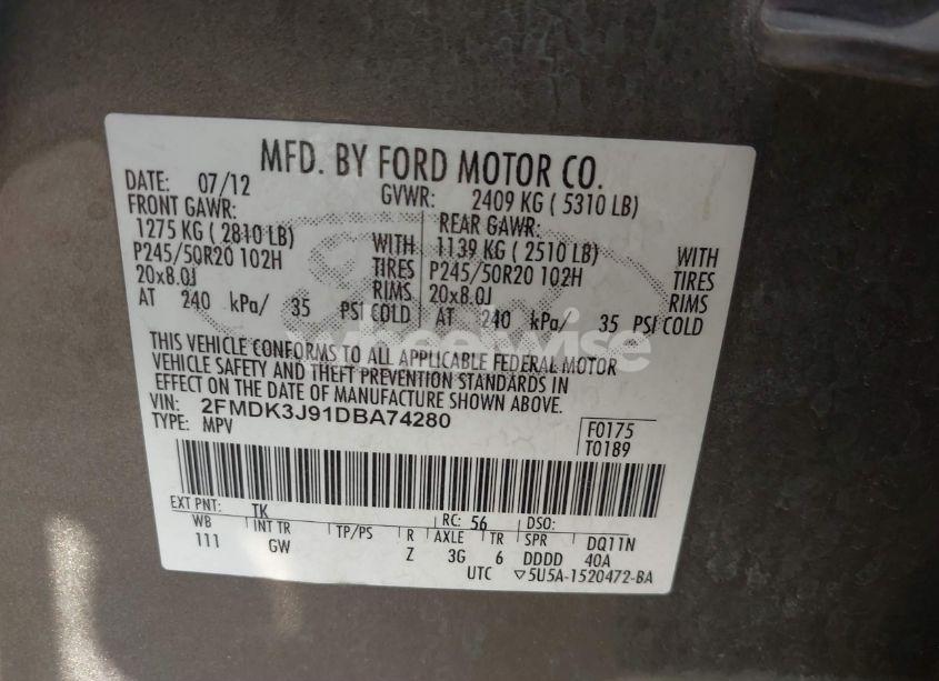 Photo 9 of 2013 Ford Edge SEL (VIN 2FMDK3J91DBA74280)