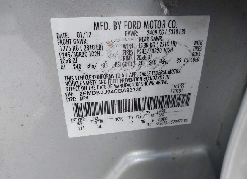 Photo 9 of 2012 Ford Edge SEL (VIN 2FMDK3J94CBA93338)
