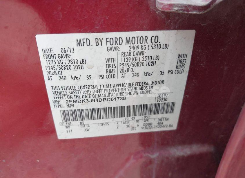 Photo 9 of 2013 Ford Edge SEL (VIN 2FMDK3J94DBC61738)