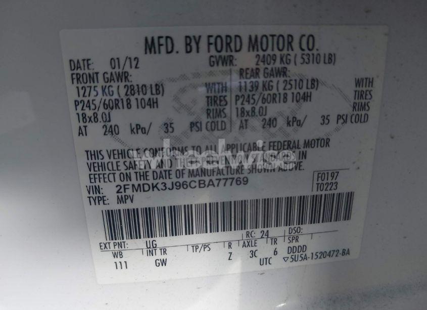 Photo 9 of 2012 Ford Edge SEL (VIN 2FMDK3J96CBA77769)