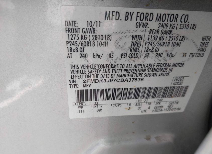 Photo 9 of 2012 Ford Edge SEL (VIN 2FMDK3J97CBA37636)