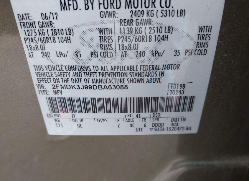 Photo 9 of 2013 Ford Edge SEL (VIN 2FMDK3J99DBA63088)