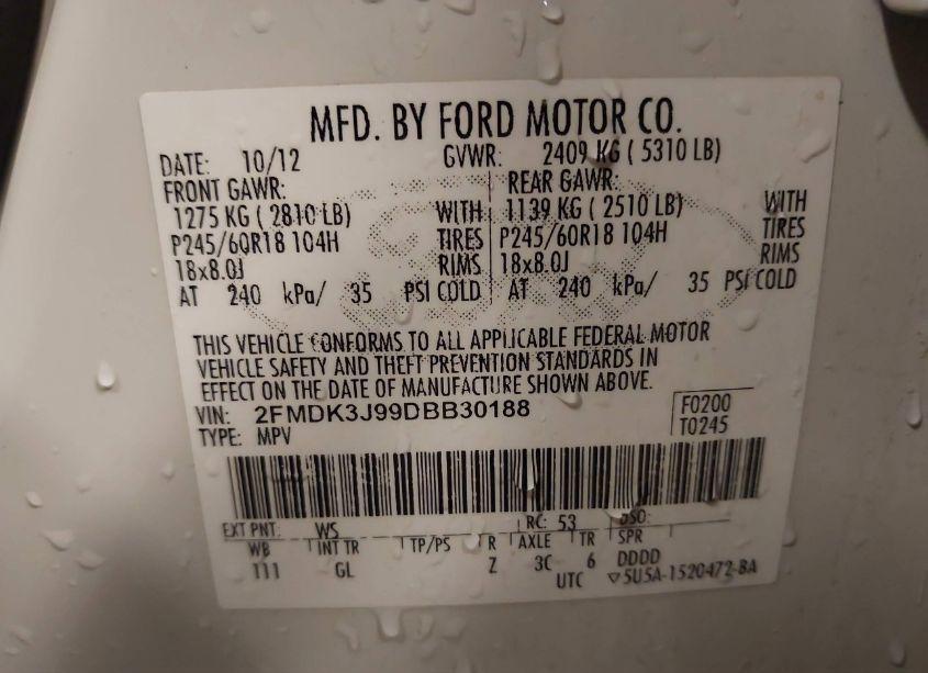 Photo 9 of 2013 Ford Edge SEL (VIN 2FMDK3J99DBB30188)