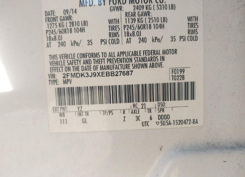 Photo 9 of 2014 Ford Edge SEL (VIN 2FMDK3J9XEBB27687)