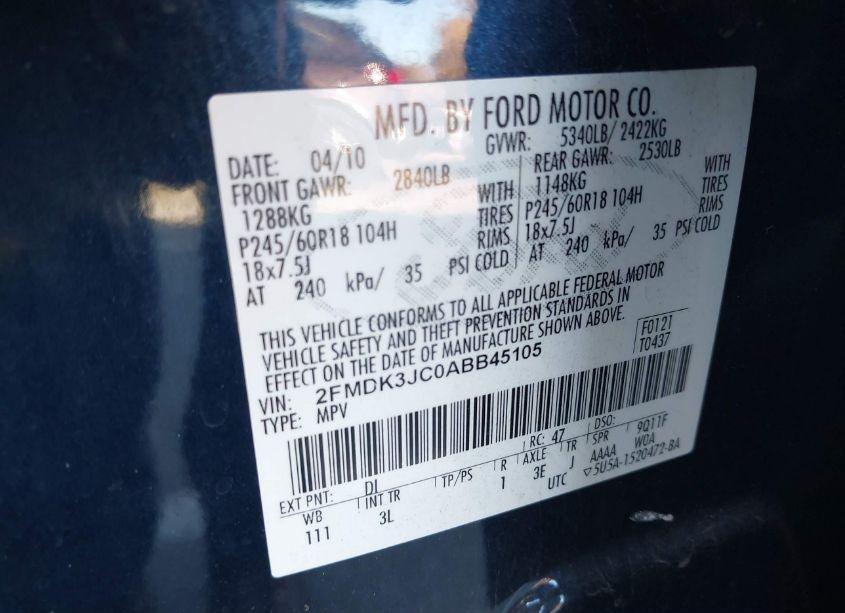 Photo 9 of 2010 Ford Edge SEL (VIN 2FMDK3JC0ABB45105)