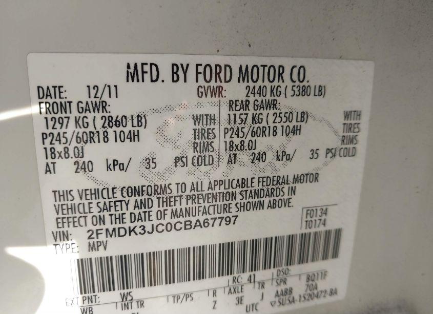 Photo 9 of 2012 Ford Edge SEL (VIN 2FMDK3JC0CBA67797)