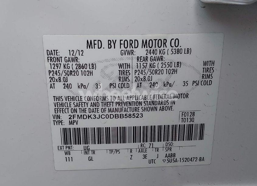 Photo 9 of 2013 Ford Edge SEL (VIN 2FMDK3JC0DBB58523)