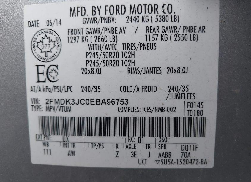 Photo 9 of 2014 Ford Edge SEL (VIN 2FMDK3JC0EBA96753)