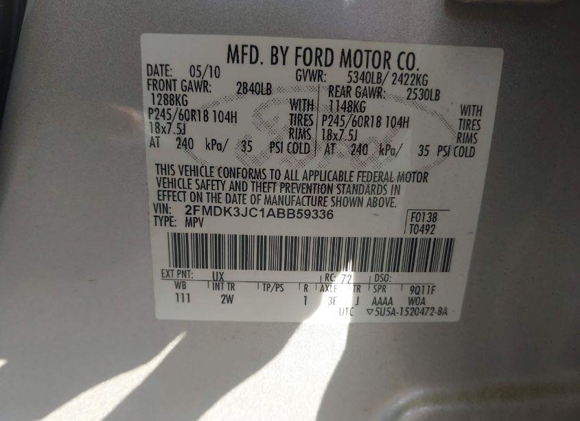 Photo 9 of 2010 Ford Edge SEL (VIN 2FMDK3JC1ABB59336)