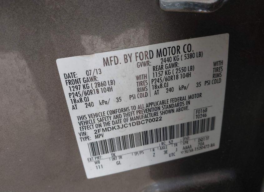 Photo 9 of 2013 Ford Edge SEL (VIN 2FMDK3JC1DBC70022)