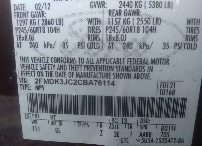 Photo 9 of 2012 Ford Edge SEL (VIN 2FMDK3JC2CBA76114)