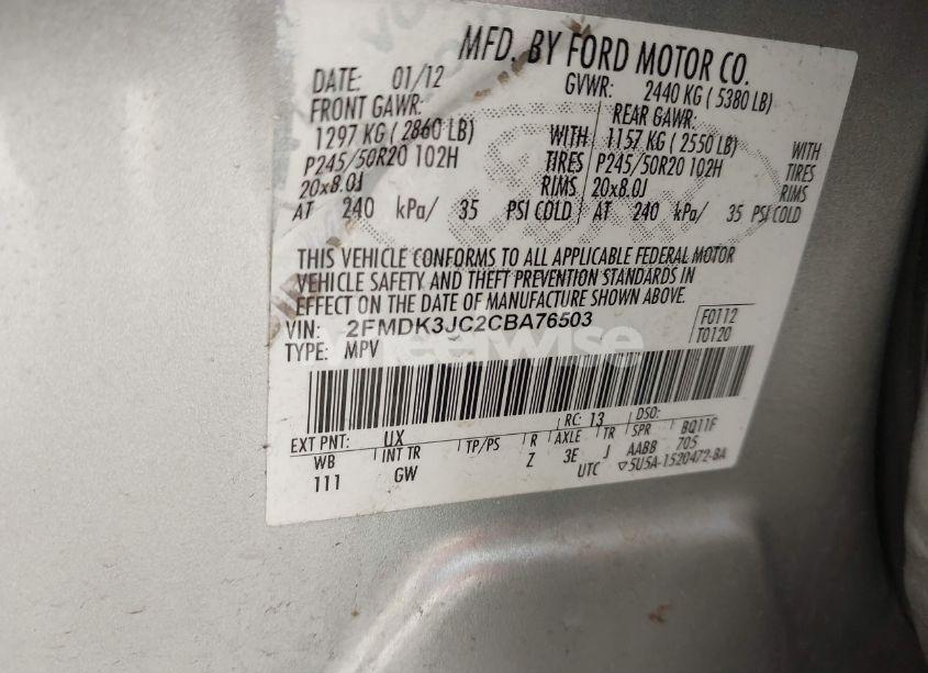 Photo 9 of 2012 Ford Edge SEL (VIN 2FMDK3JC2CBA76503)