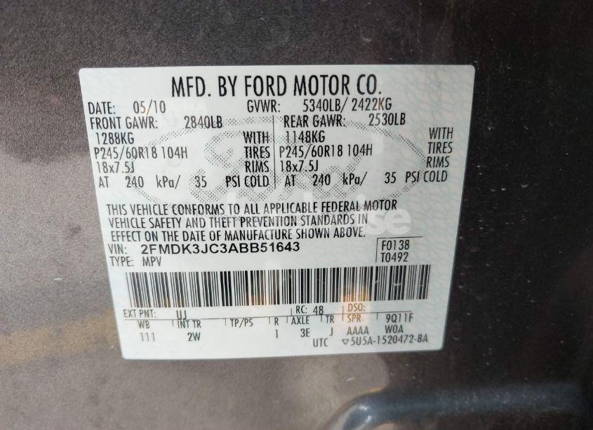 Photo 9 of 2010 Ford Edge SEL (VIN 2FMDK3JC3ABB51643)