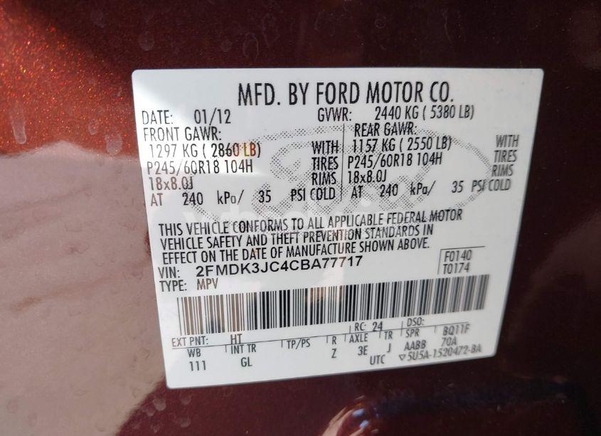 Photo 9 of 2012 Ford Edge SEL (VIN 2FMDK3JC4CBA77717)