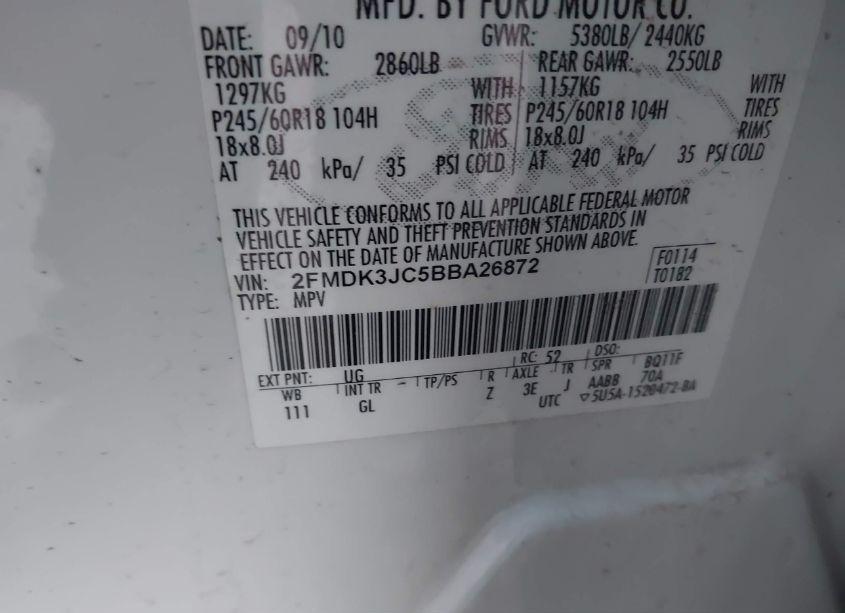 Photo 9 of 2011 Ford Edge SEL (VIN 2FMDK3JC5BBA26872)