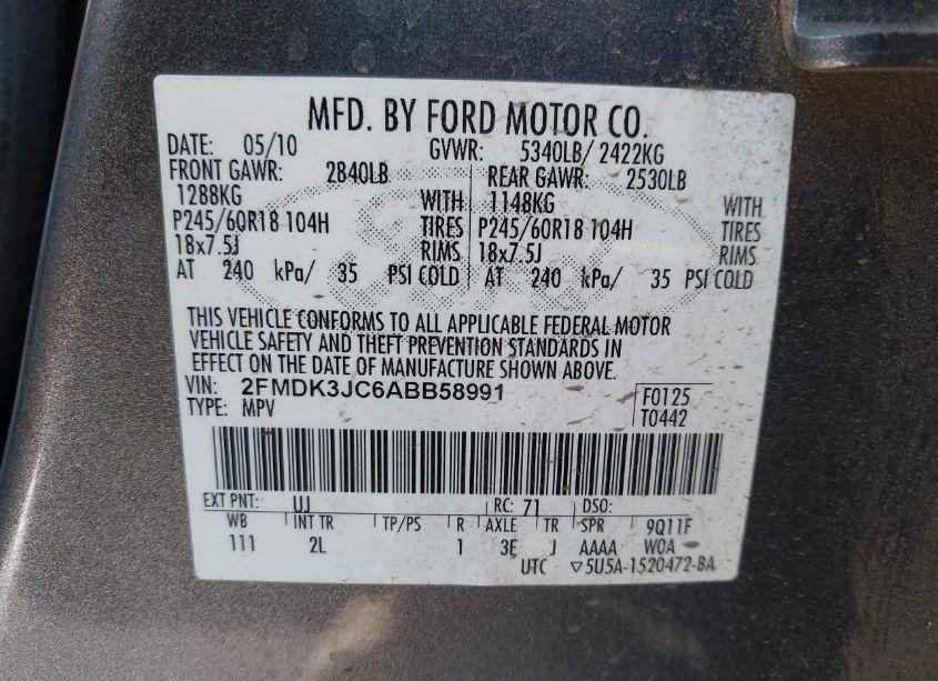 Photo 9 of 2010 Ford Edge SEL (VIN 2FMDK3JC6ABB58991)
