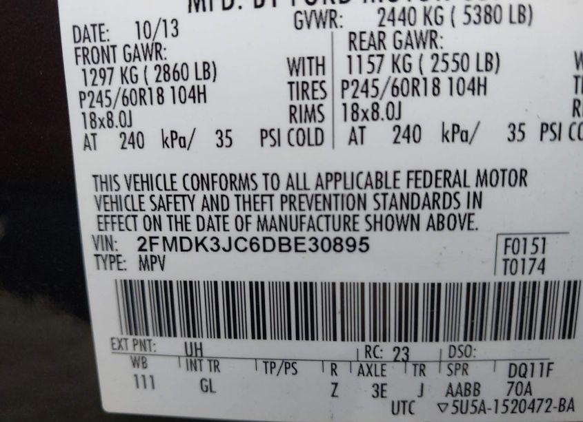 Photo 9 of 2013 Ford Edge SEL (VIN 2FMDK3JC6DBE30895)