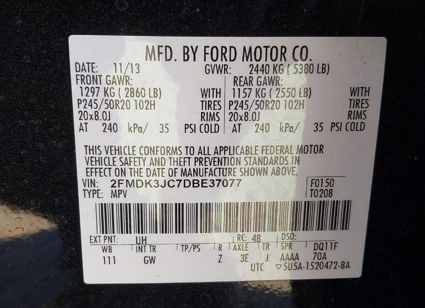 Photo 9 of 2013 Ford Edge SEL (VIN 2FMDK3JC7DBE37077)