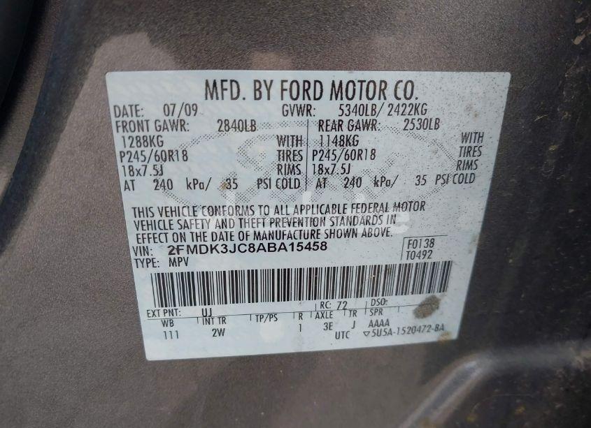 Photo 9 of 2010 Ford Edge SEL (VIN 2FMDK3JC8ABA15458)