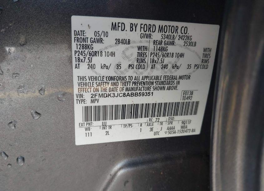 Photo 9 of 2010 Ford Edge SEL (VIN 2FMDK3JC8ABB59351)