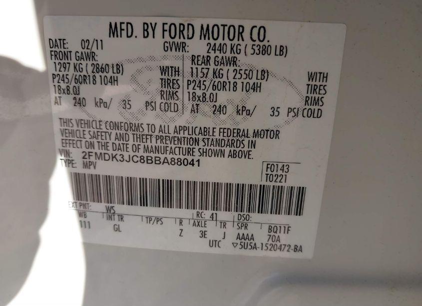Photo 9 of 2011 Ford Edge SEL (VIN 2FMDK3JC8BBA88041)