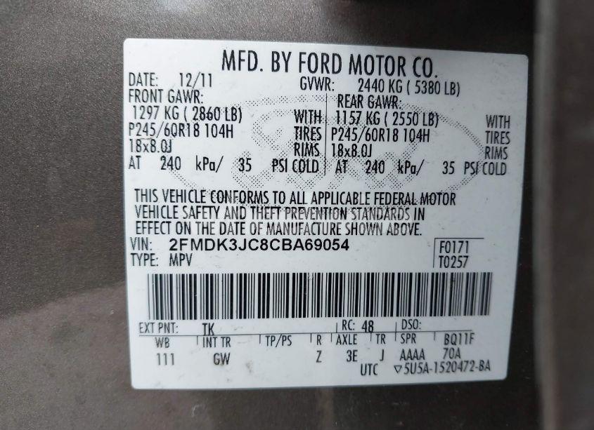 Photo 9 of 2012 Ford Edge SEL (VIN 2FMDK3JC8CBA69054)