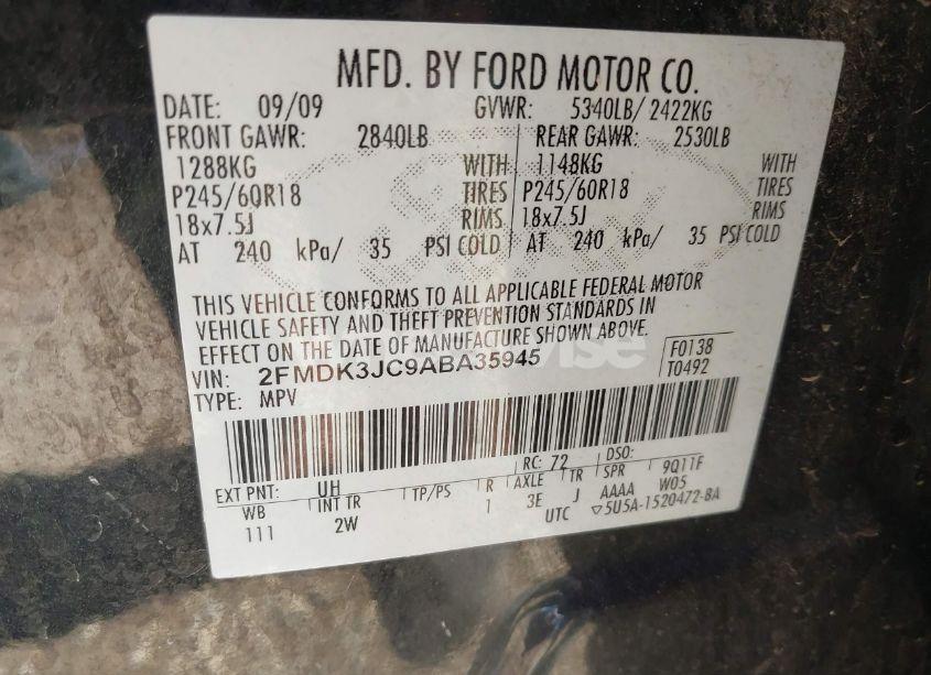 Photo 9 of 2010 Ford Edge SEL (VIN 2FMDK3JC9ABA35945)