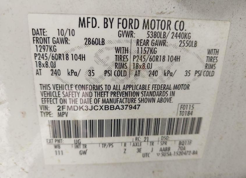 Photo 9 of 2011 Ford Edge SEL (VIN 2FMDK3JCXBBA37947)