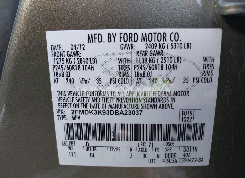 Photo 9 of 2013 Ford Edge LIMITED (VIN 2FMDK3K93DBA23037)