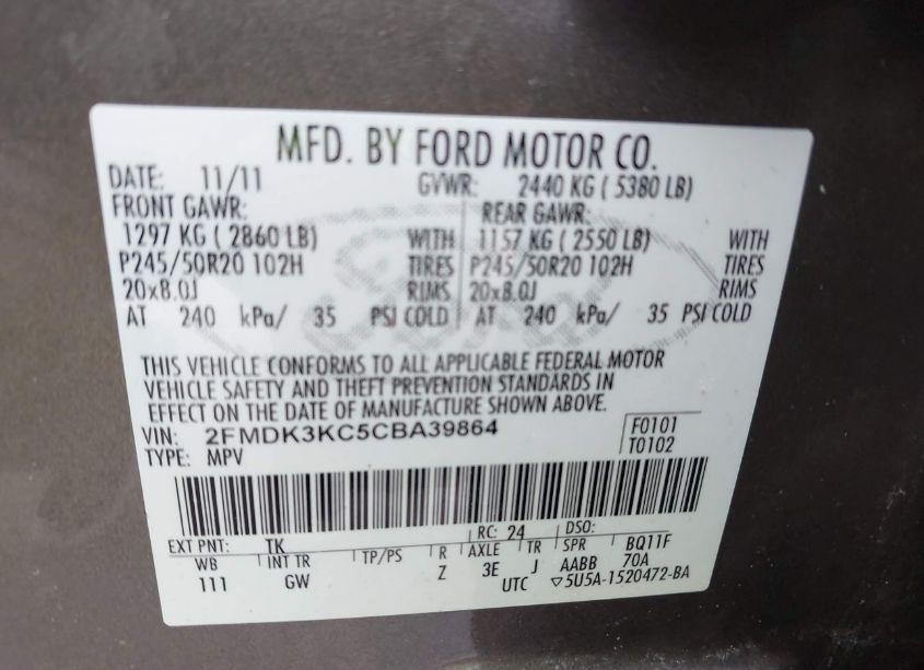 Photo 9 of 2012 Ford Edge LIMITED (VIN 2FMDK3KC5CBA39864)