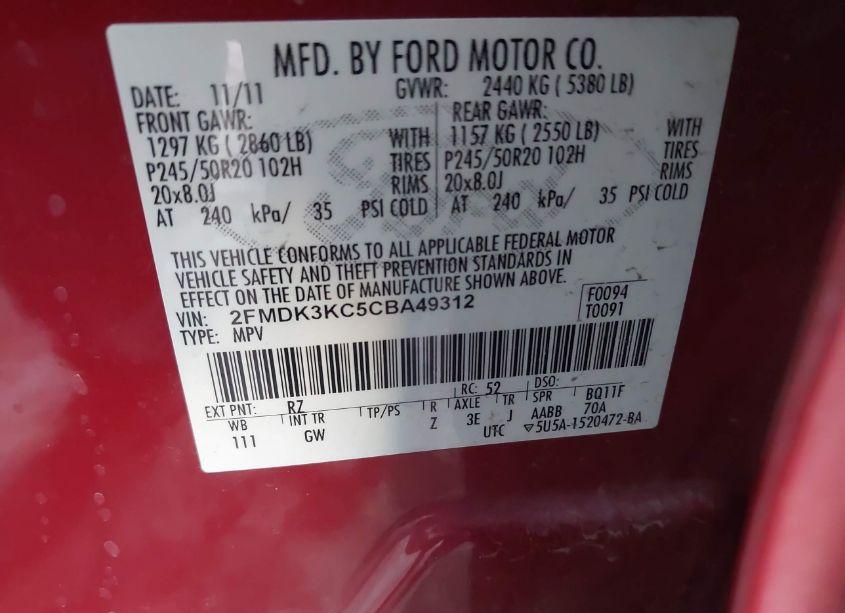 Photo 9 of 2012 Ford Edge LIMITED (VIN 2FMDK3KC5CBA49312)