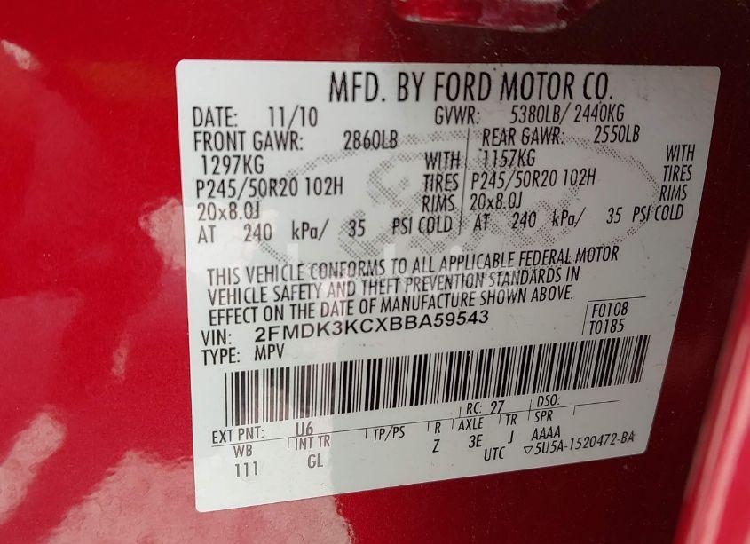 Photo 9 of 2011 Ford Edge LIMITED (VIN 2FMDK3KCXBBA59543)