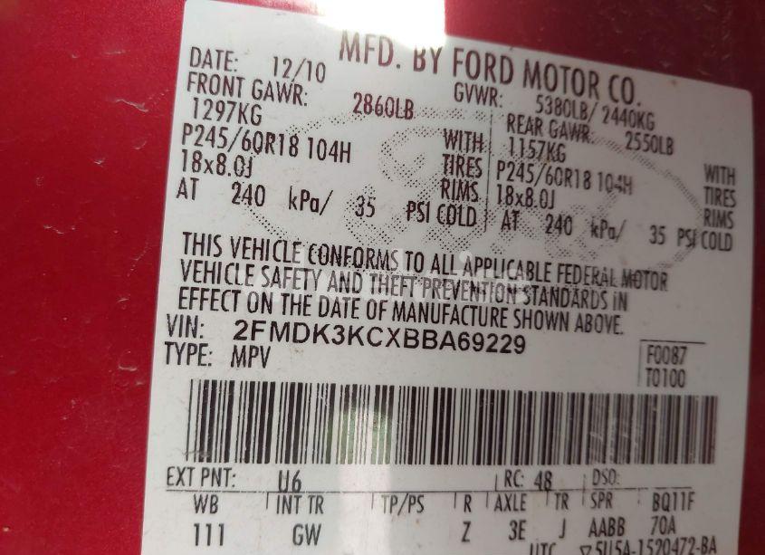 Photo 9 of 2011 Ford Edge LIMITED (VIN 2FMDK3KCXBBA69229)