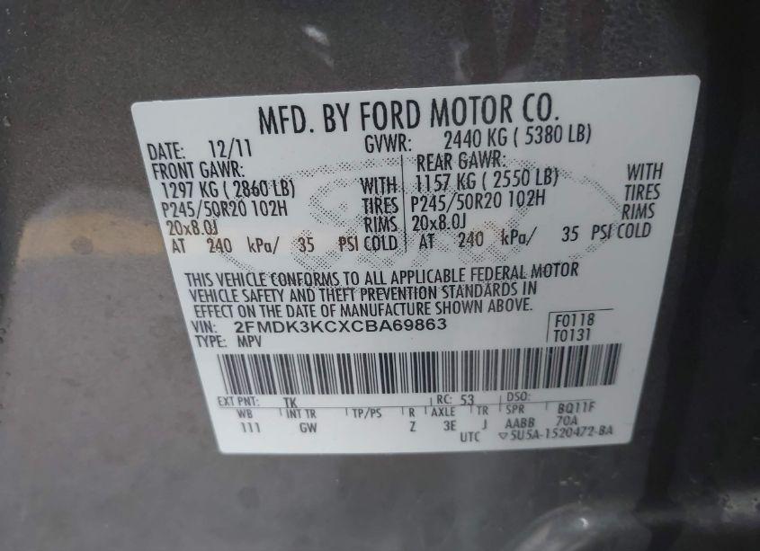 Photo 9 of 2012 Ford Edge LIMITED (VIN 2FMDK3KCXCBA69863)