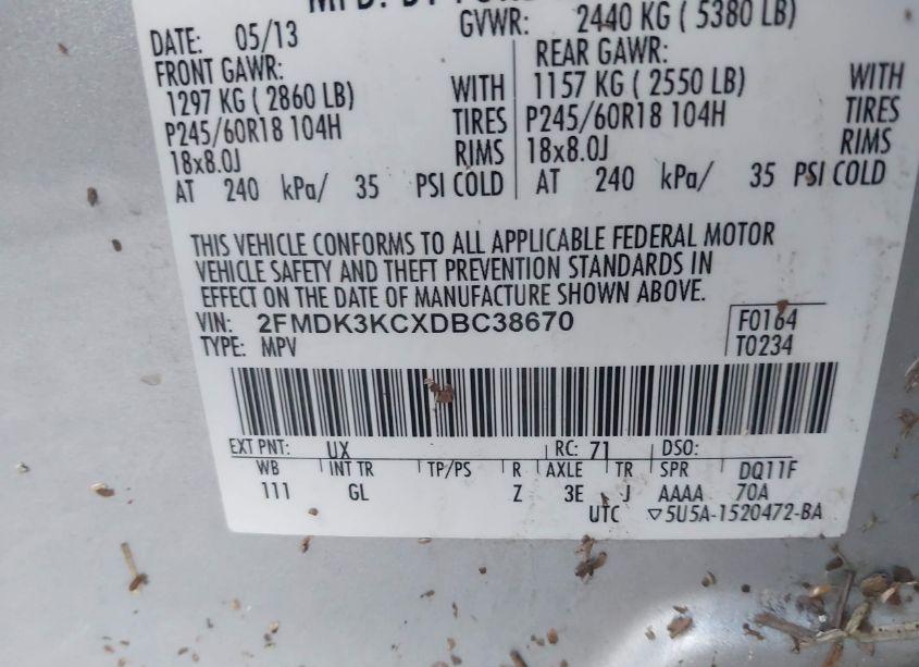 Photo 9 of 2013 Ford Edge LIMITED (VIN 2FMDK3KCXDBC38670)