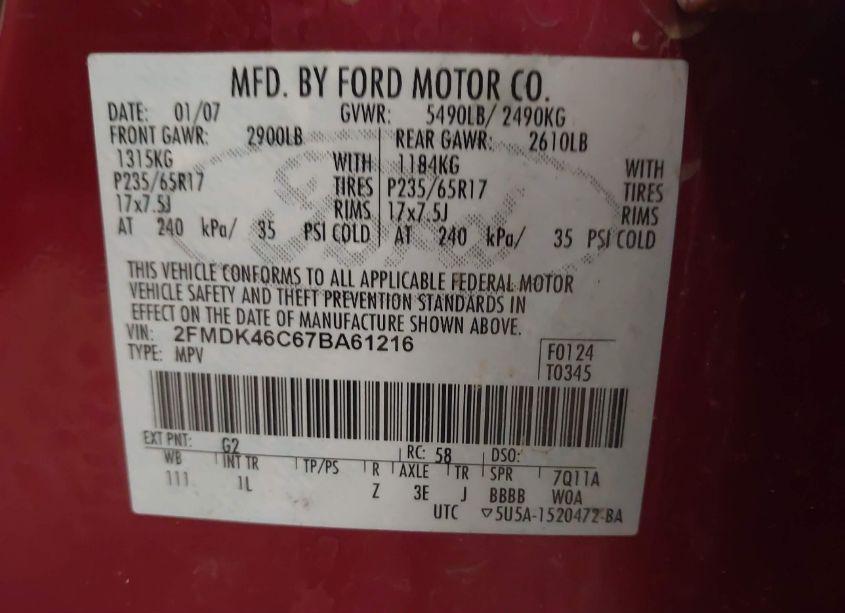 Photo 9 of 2007 Ford Edge SE (VIN 2FMDK46C67BA61216)