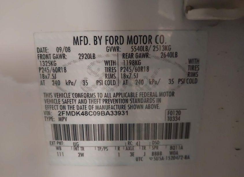 Photo 9 of 2009 Ford Edge SEL (VIN 2FMDK48C09BA33931)