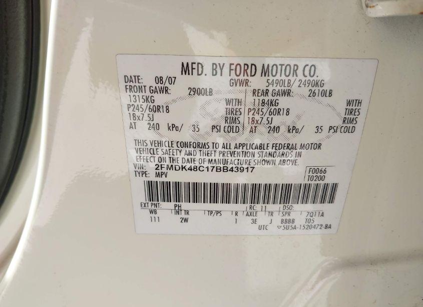 Photo 9 of 2007 Ford Edge SEL (VIN 2FMDK48C17BB43917)